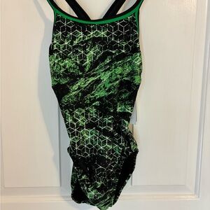 Reliance youth vapor green V back one piece swimsuit new with tags